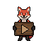 Flint, the Forge fox mascot, holding up a wooden play sign
