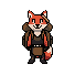 Flint the fox blacksmith with a backpack over one shoulder and a pencil at the ready