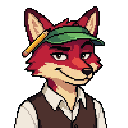 Flint the fox in a green visor, looking pleased with himself